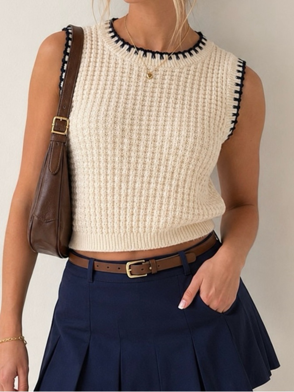 Altar’d State Cream Textured Sweater Vest Black Stitch Trim Coquette Preppy S